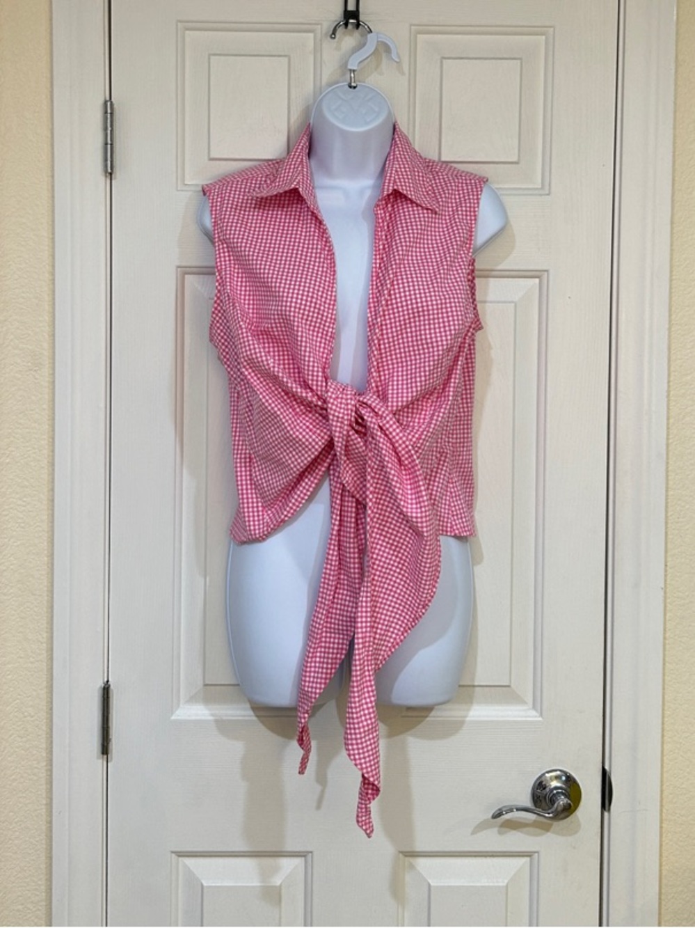 Harve Benard Pink Gingham Wrap Sleeveless Cotton Blend Blouse - Picture 5 of 7